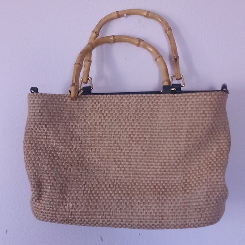 Women Bohemian Wicker Woven Fabric with Wooden Bamboo Handle bag